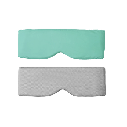 Two rectangular Mintzzz eye masks—a light green Chill Mask (Cooling Sleep Mask) and a light gray breathable sleep mask—are displayed side by side on a white background.